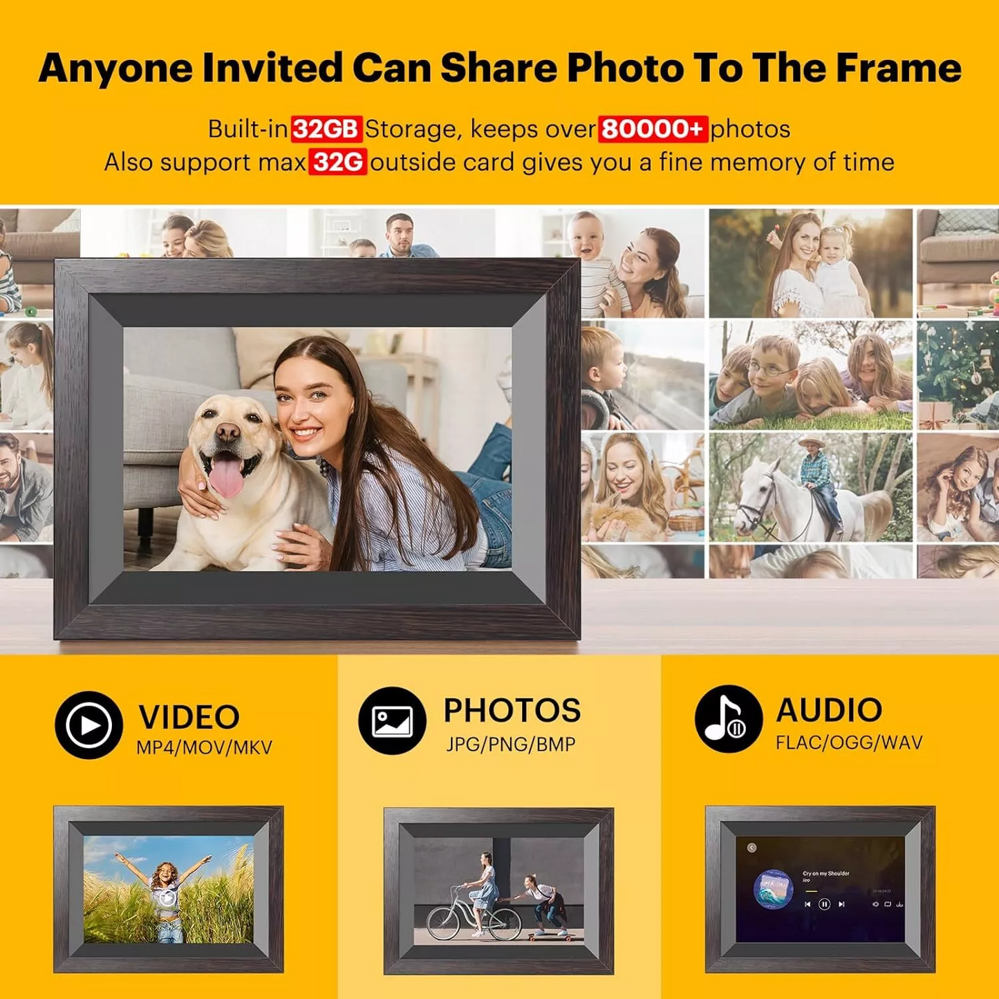 Kodak Wooden Digital Photo Frame 1012W, WiFi 10.1 inch HD IPS Touchscreen, 32GB