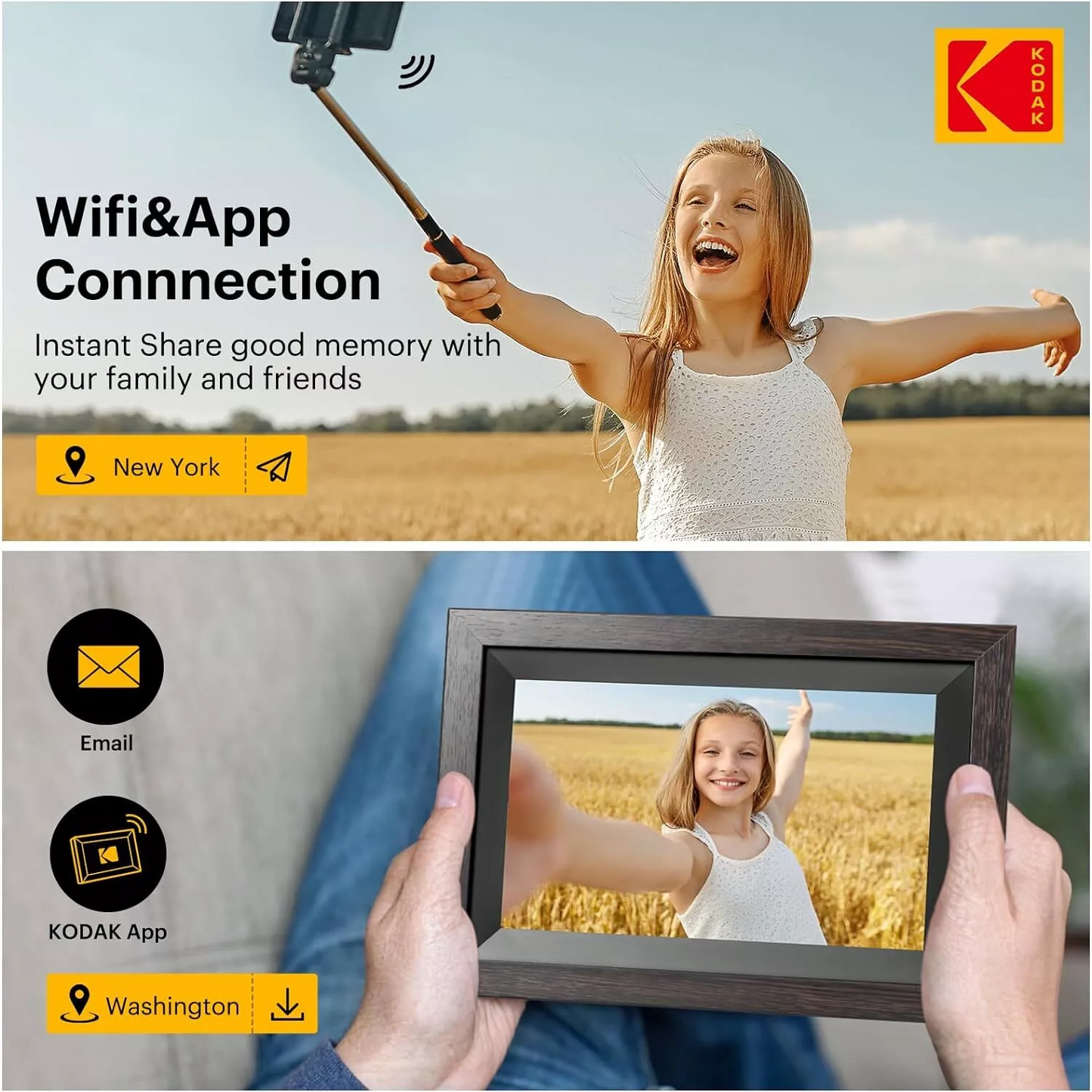 Kodak Wooden Digital Photo Frame 1012W, WiFi 10.1 inch HD IPS Touchscreen, 32GB