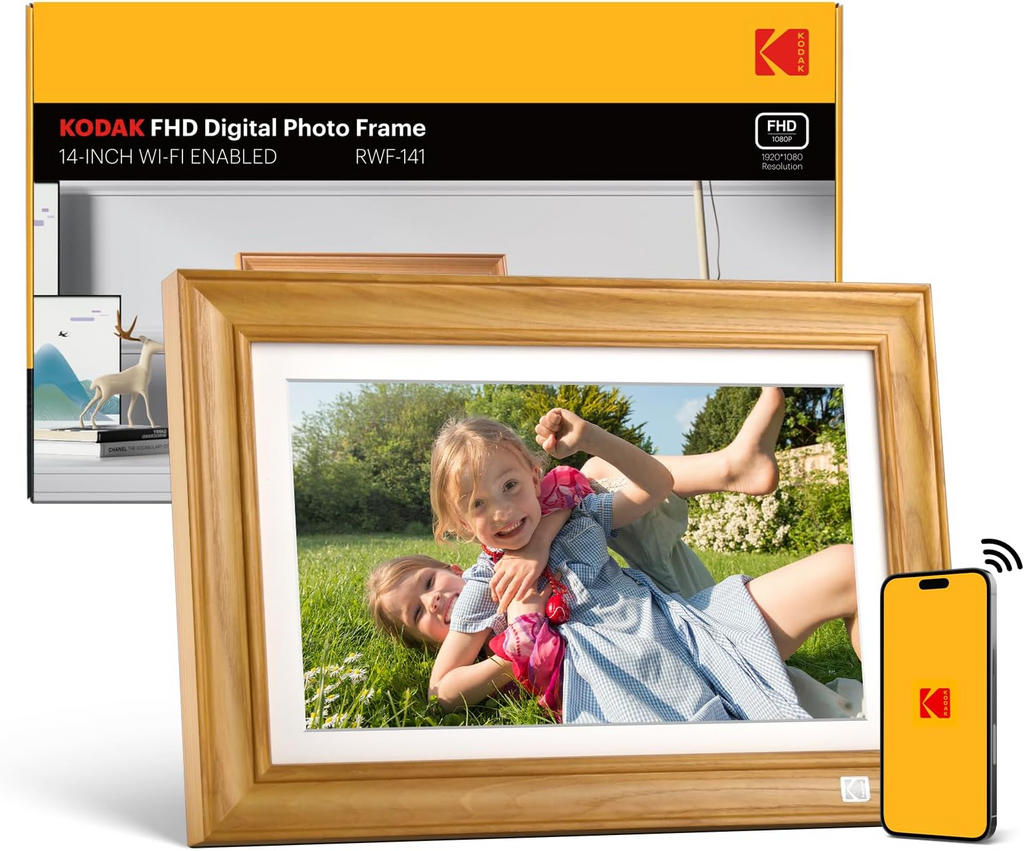 Kodak 14.1 Inch Smart WiFi Digital Picture Frame 1920x1080 Touch Screen Built in 32GB Memory (Wood)
