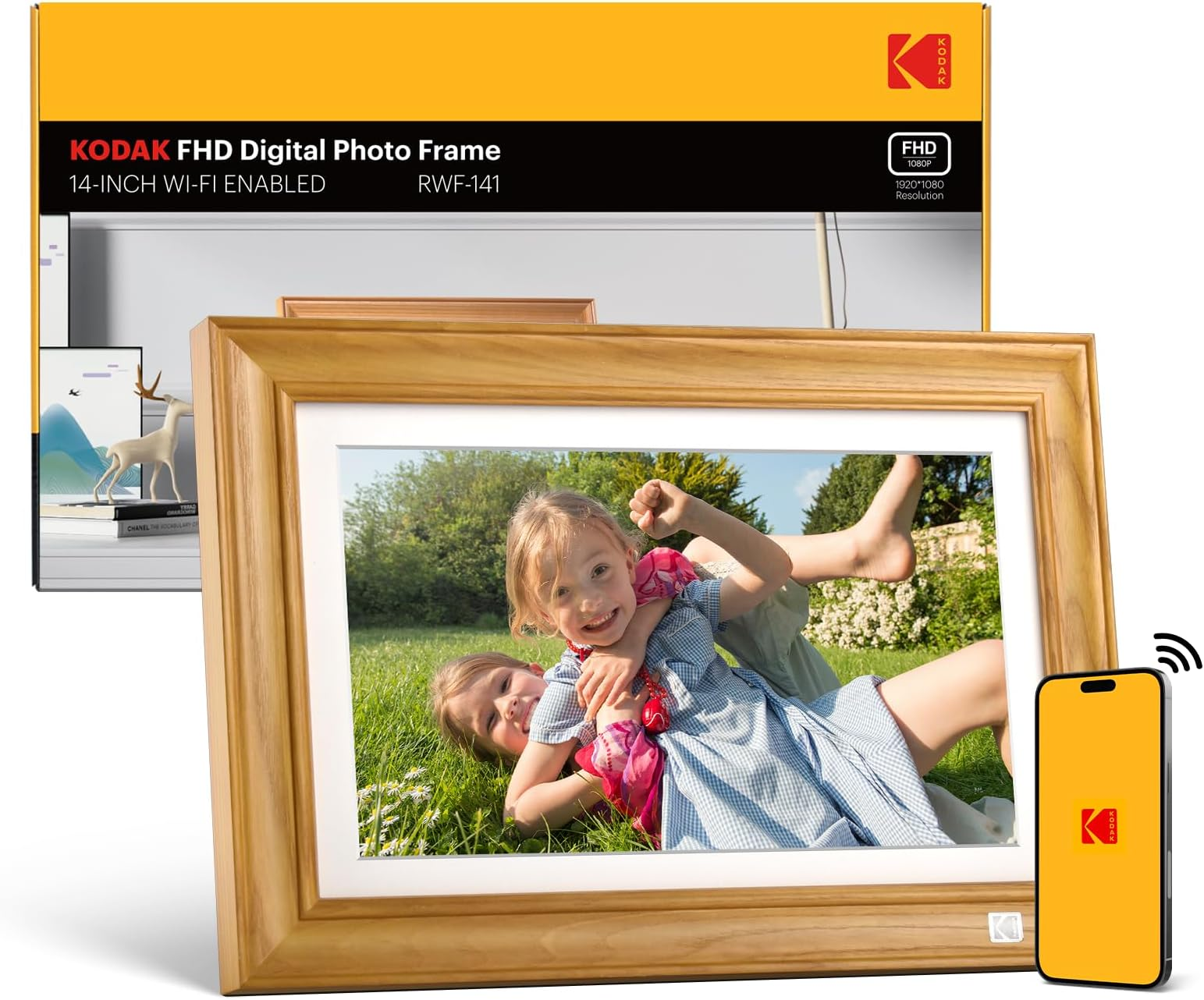 Kodak 14.1 Inch Smart WiFi Digital Picture Frame 1920x1080 Touch Screen Built in 32GB Memory (Wood)
