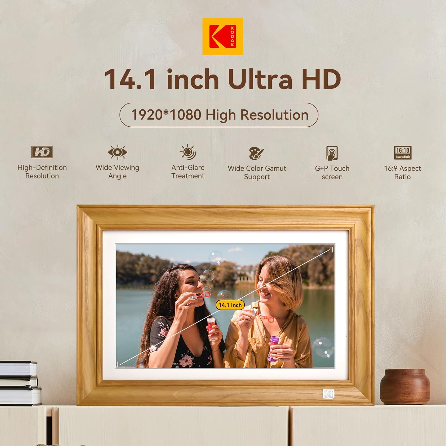 Kodak 14.1 Inch Smart WiFi Digital Picture Frame 1920x1080 Touch Screen Built in 32GB Memory (Wood)
