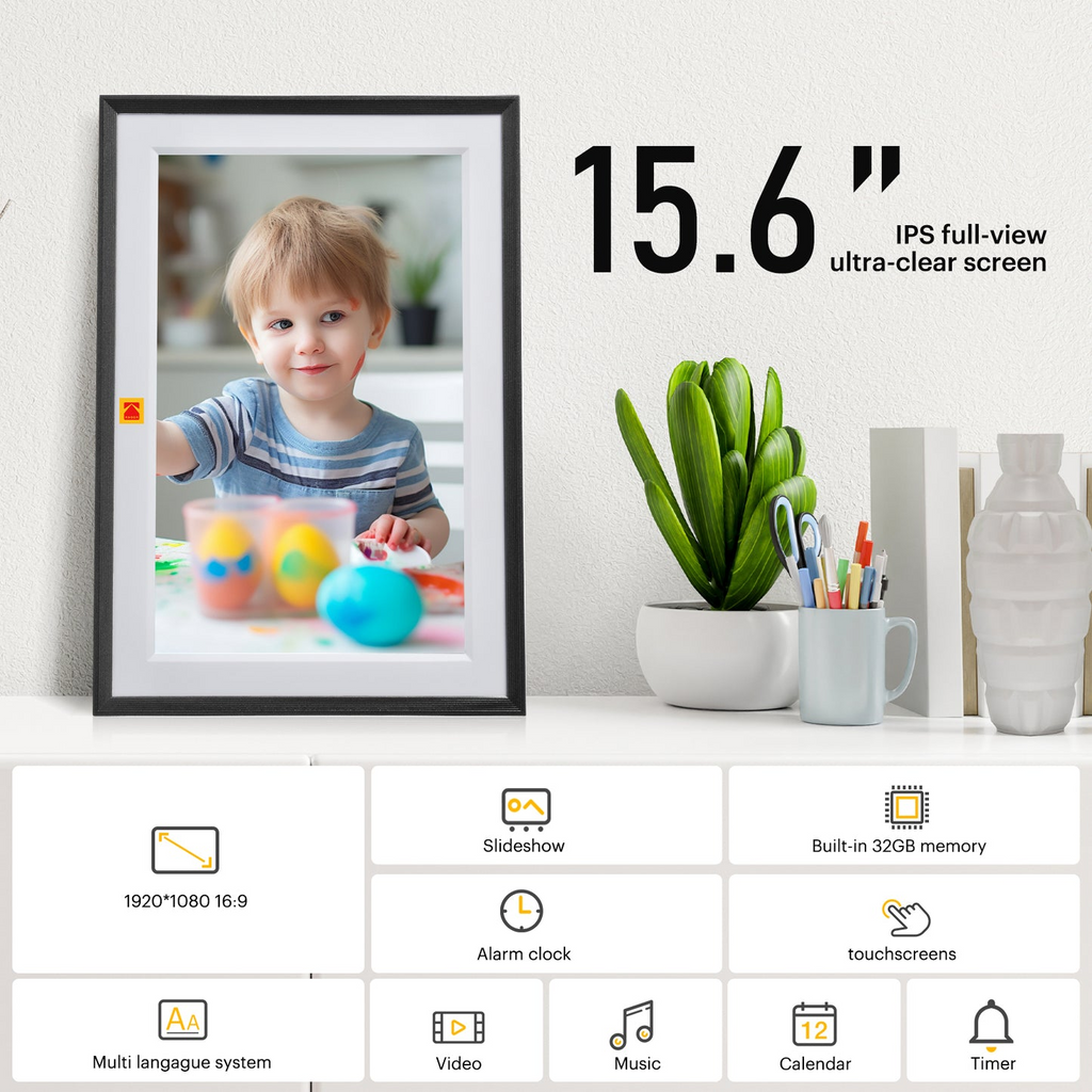 Kodak 15.6" Smart Digital Photo Frame Wooden Frame Design USB-C Safety Mark Certified