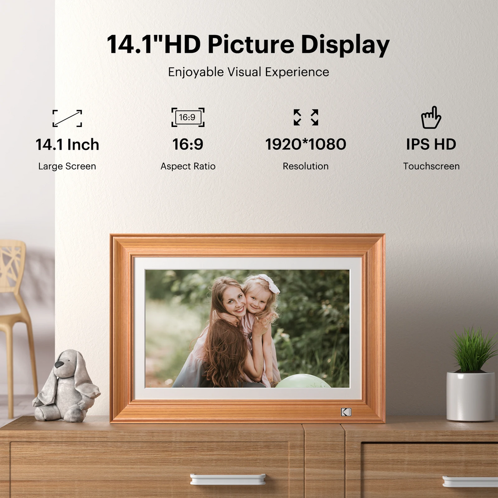 Kodak 14.1 Inch Smart WiFi Digital Picture Frame 1920x1080 Touch Screen Built in 32GB Memory (Wood)