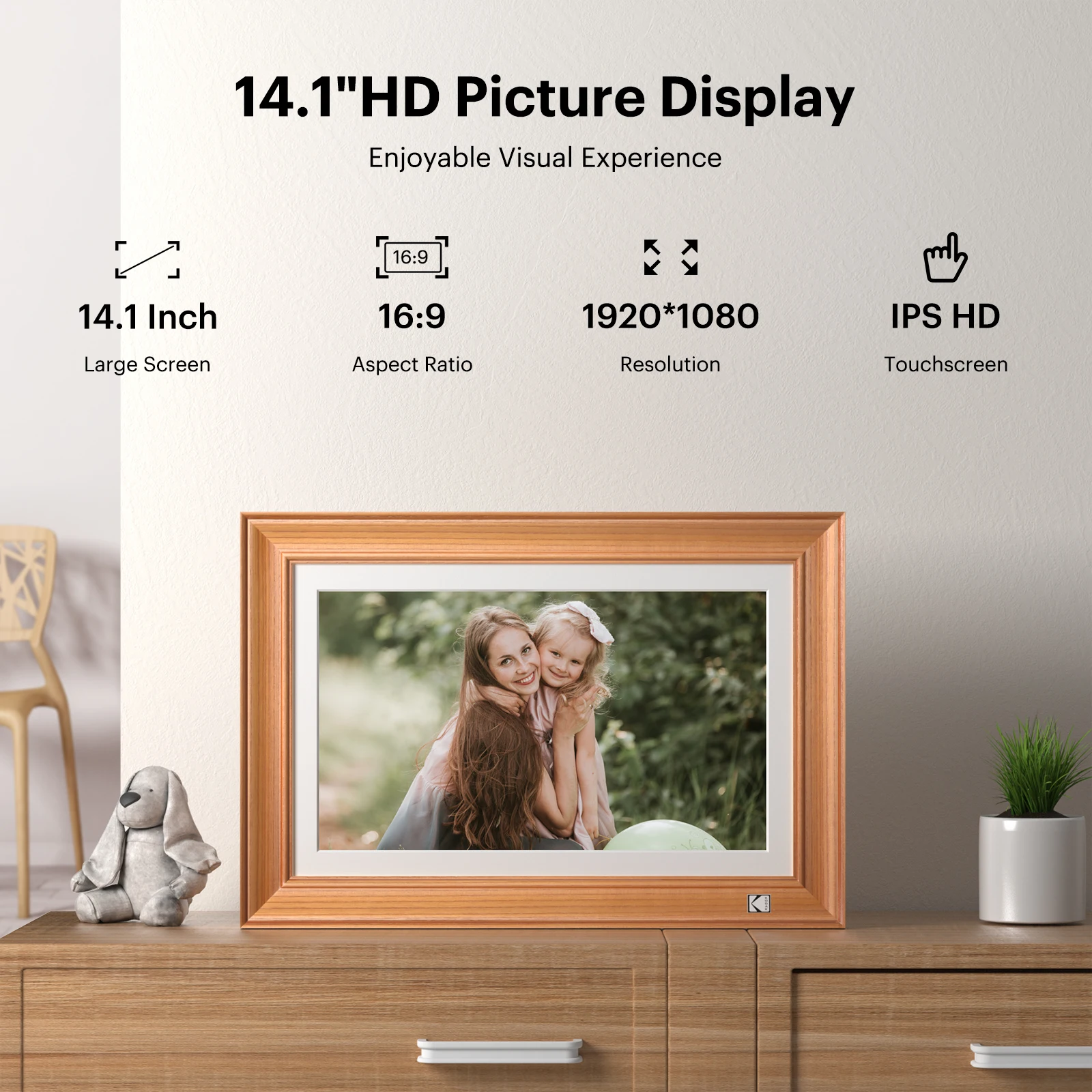 Kodak 14.1 Inch Smart WiFi Digital Picture Frame 1920x1080 Touch Screen Built in 32GB Memory (Wood)