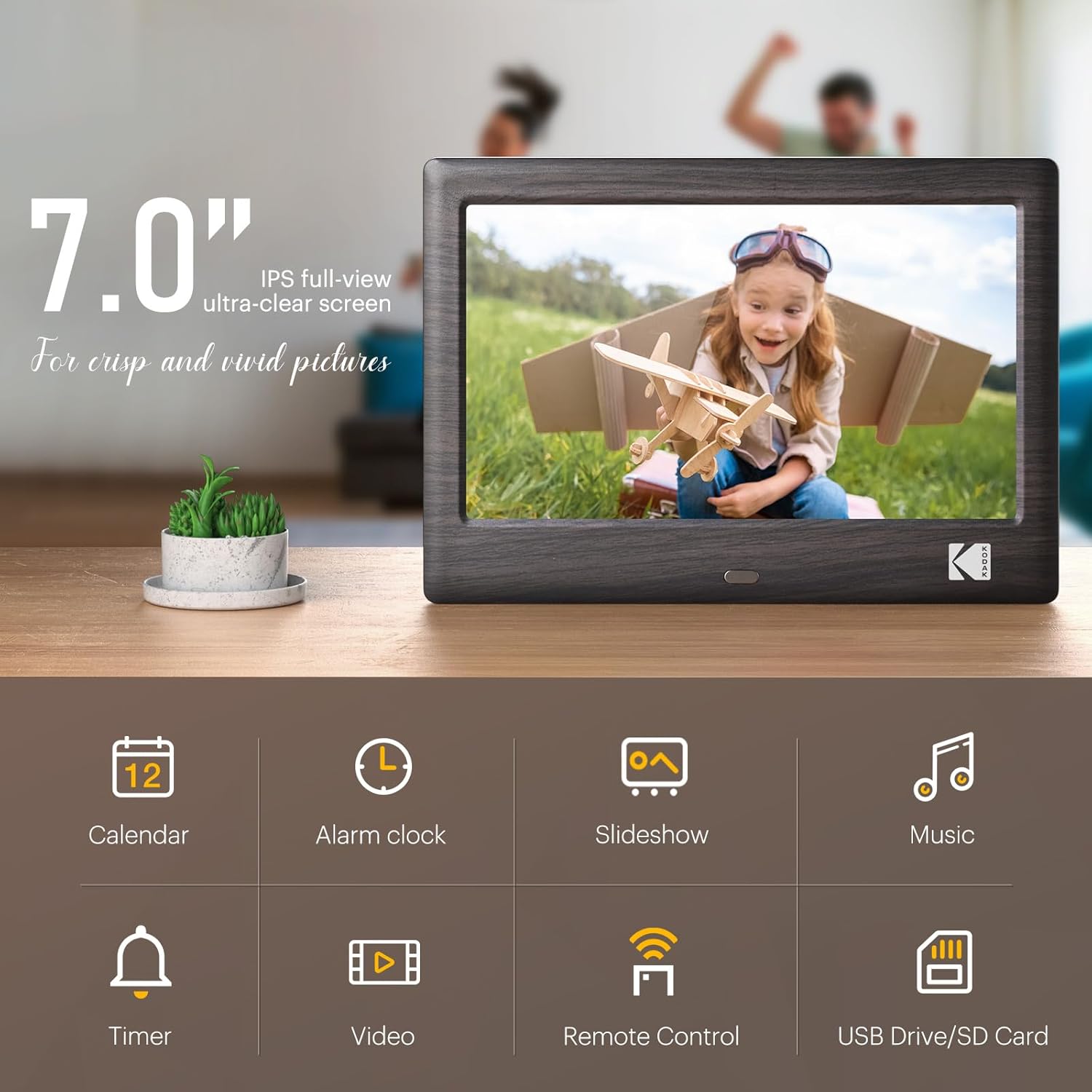 KODAK 7 Inch Wood Digital Picture Frame with Remote Control RDPF-708C